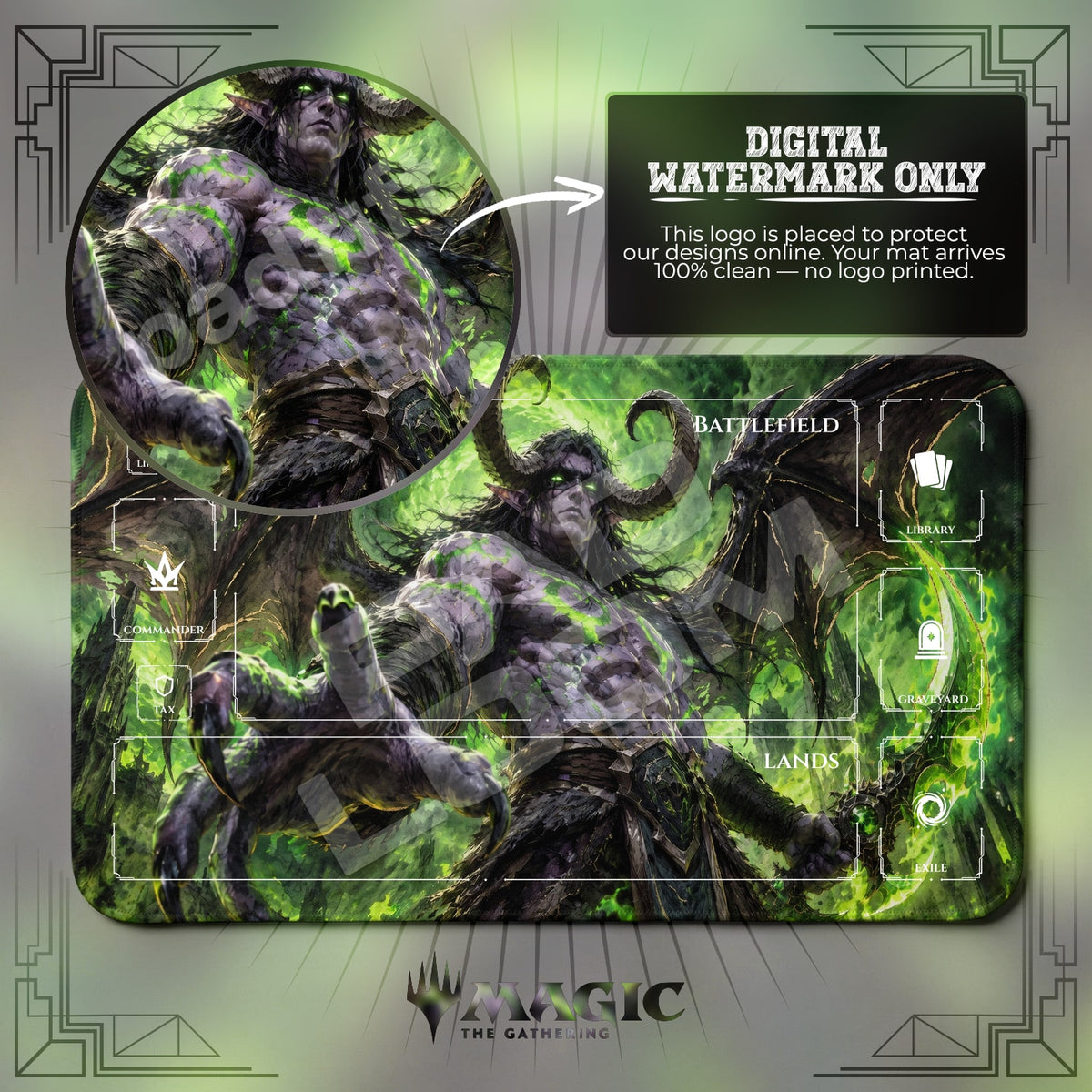 Illidan Demon World of Warcraft MTG playmat with zones; the Padloom watermark is digital only, not printed