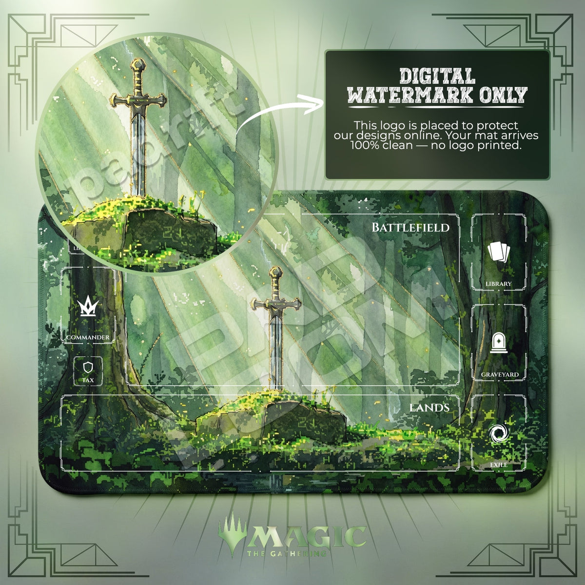 Sword in the Stone Forest MTG playmat with zones; the Padloom watermark is digital only, not printed
