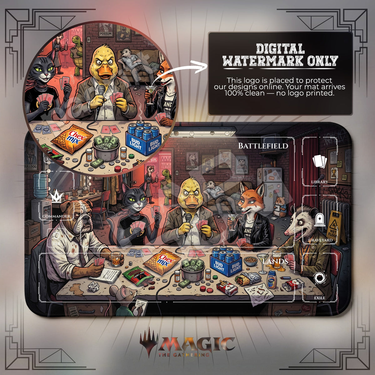 Comedy Duck Poker Backstage MTG playmat with zones; the Padloom watermark is digital only, not printed