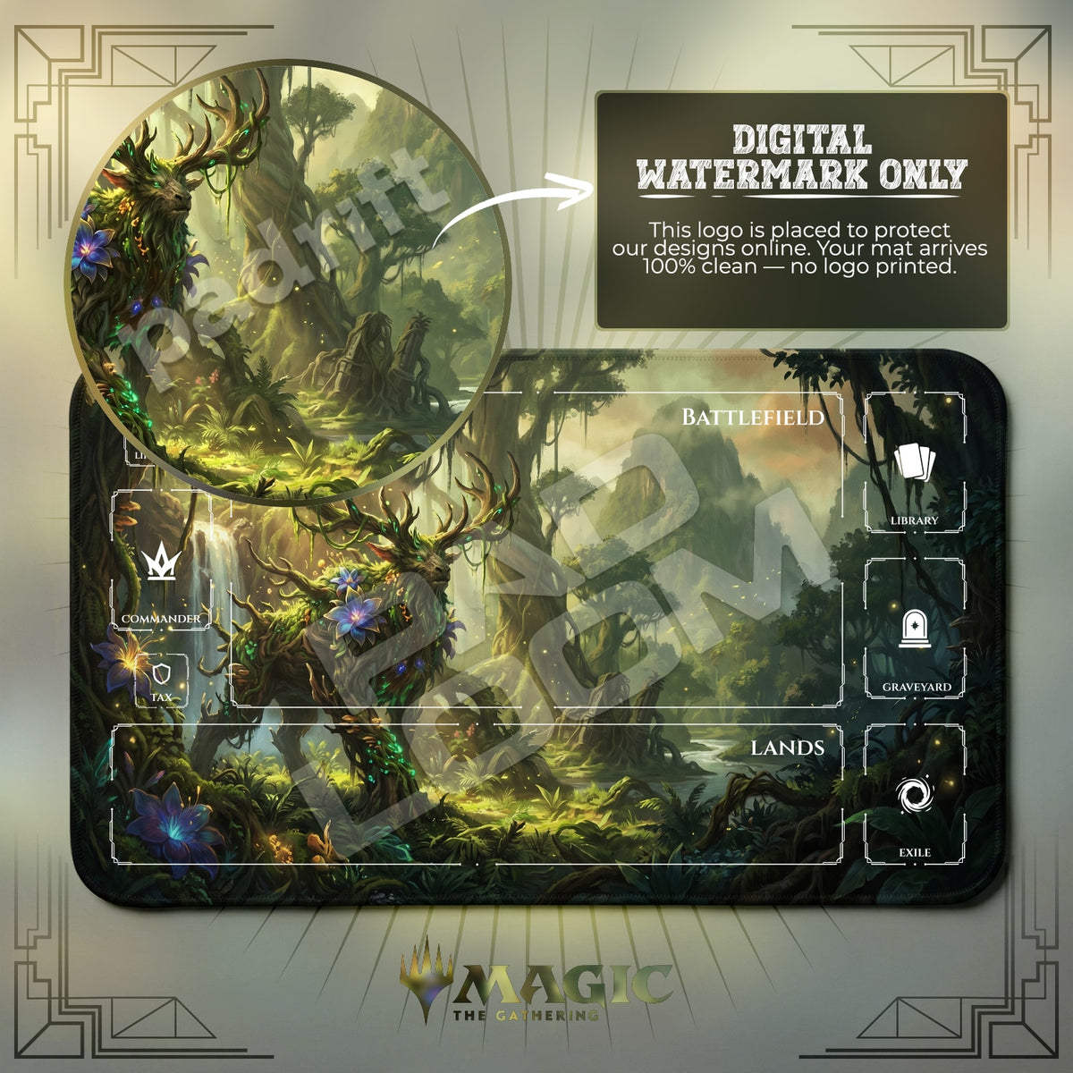 Forest Spirit Stag MTG playmat with zones; the Padloom watermark is digital only, not printed