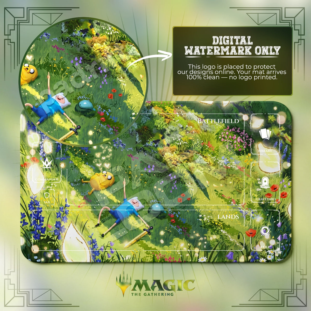 Adventure Time Meadow MTG playmat with zones; the Padloom watermark is digital only, not printed