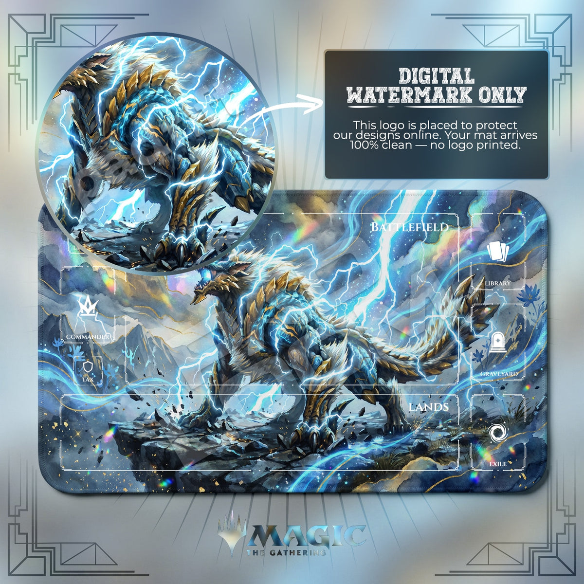 Monster Hunter Zinogre MTG playmat with zones; the Padloom watermark is digital only, not printed