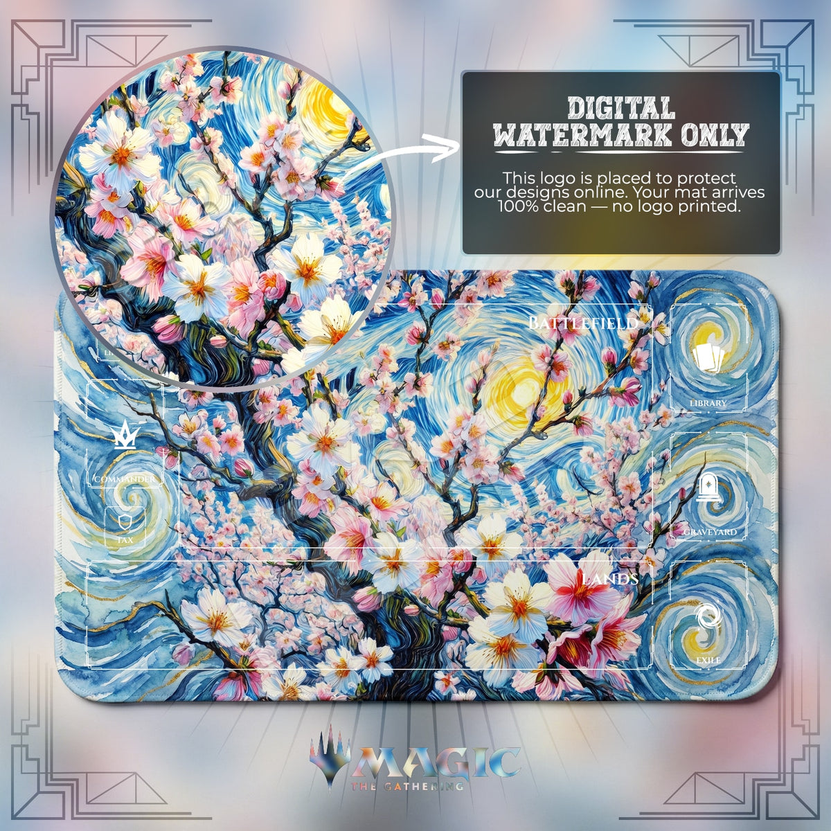 Starry Night Blossom MTG playmat with zones; the Padloom watermark is digital only, not printed