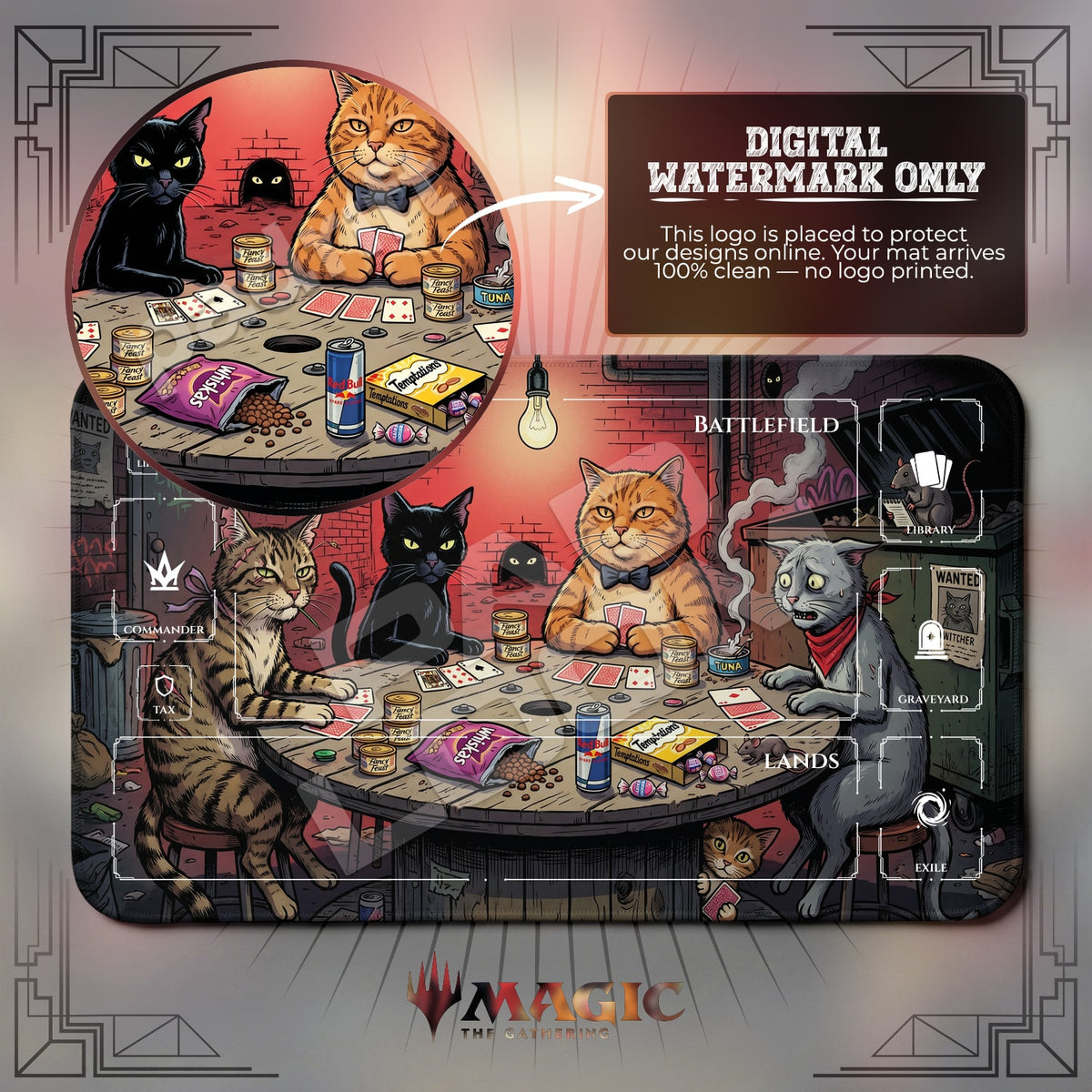 Alley Cat Poker Backstreet MTG playmat with zones; the Padloom watermark is digital only, not printed