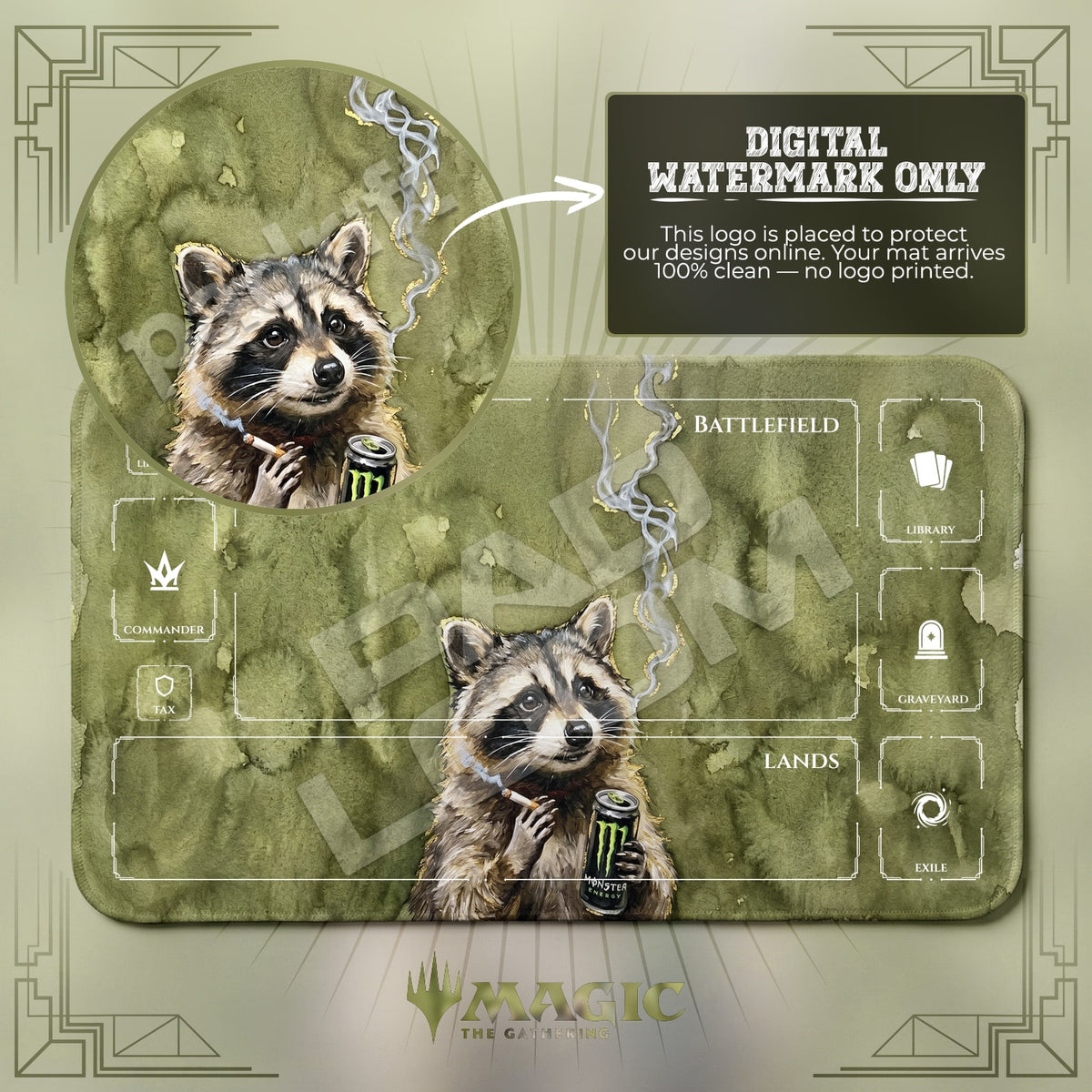 Smoking Raccoon Moss Playmat - MTG Magic Mat
