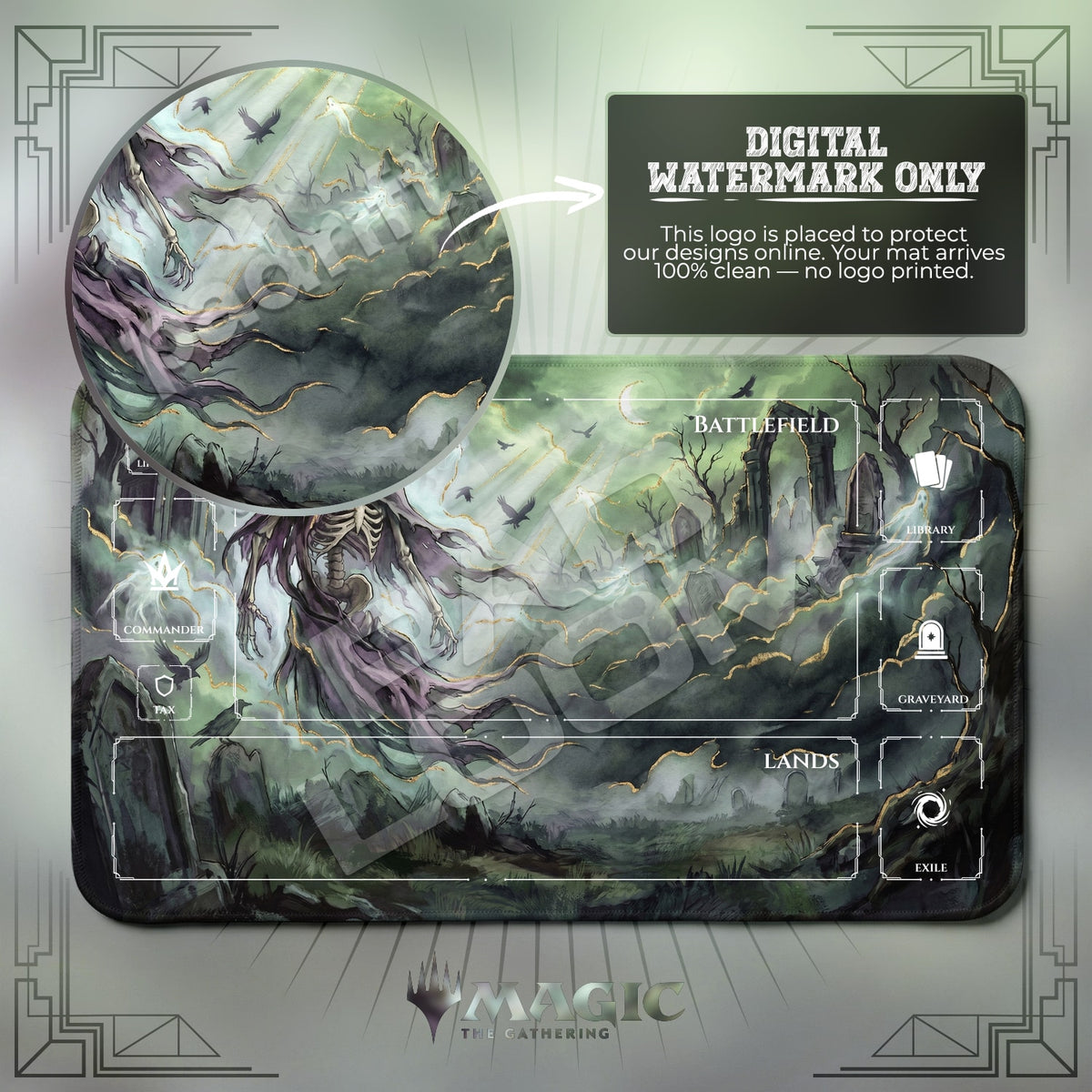 Reaper Graveyard MTG playmat with zones; the Padloom watermark is digital only, not printed