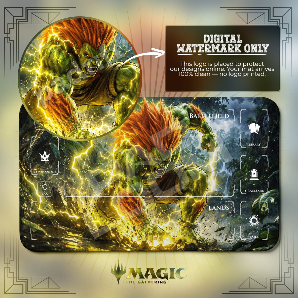 Blanka Electric Street Fighter MTG playmat with zones; the Padloom watermark is digital only, not printed