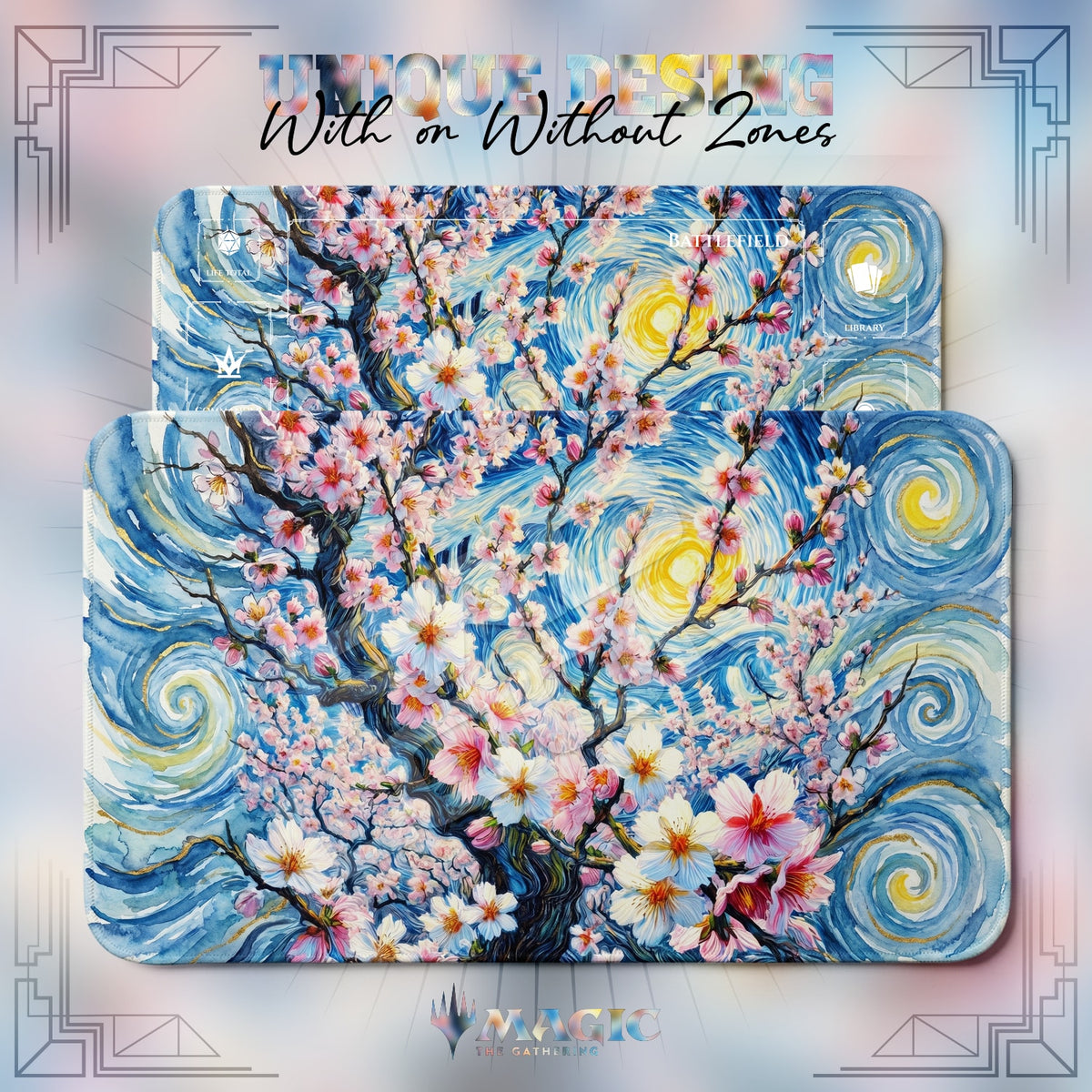 Starry Night Blossom MTG playmat shown with zones and without zones