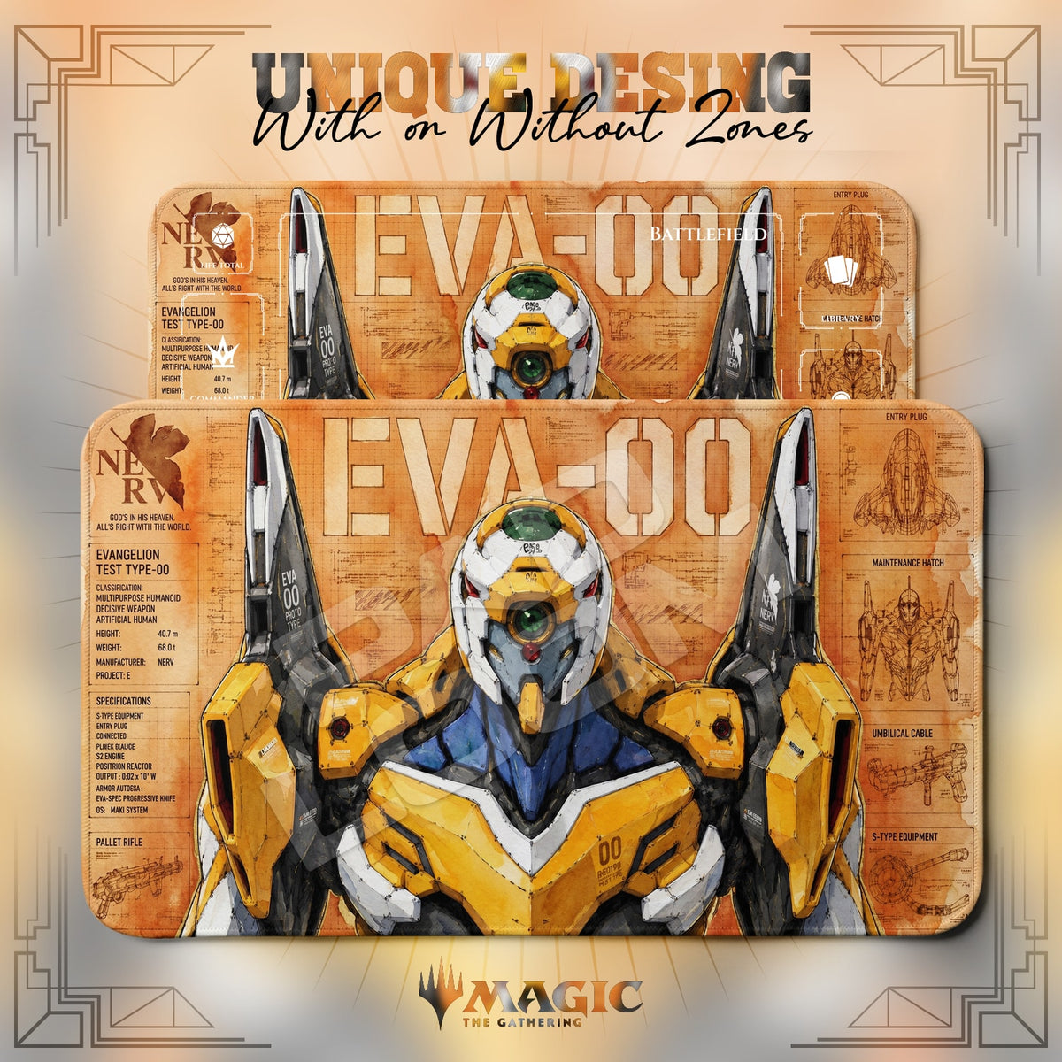 EVA-00 Prototype Evangelion MTG playmat shown with zones and without zones