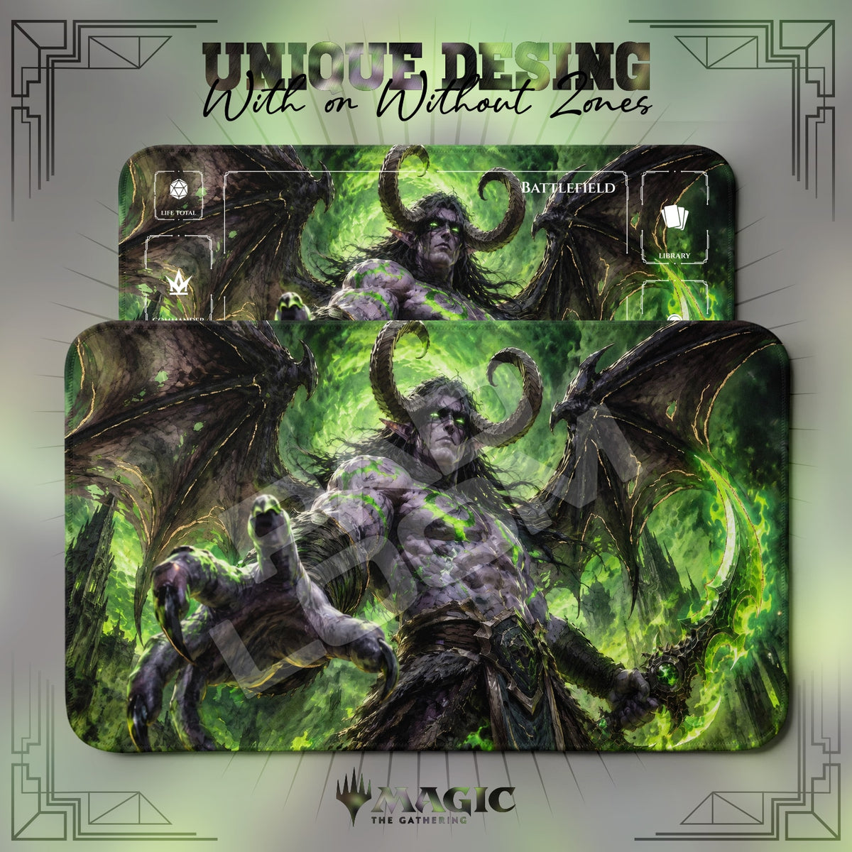 Illidan Demon World of Warcraft MTG playmat shown with zones and without zones