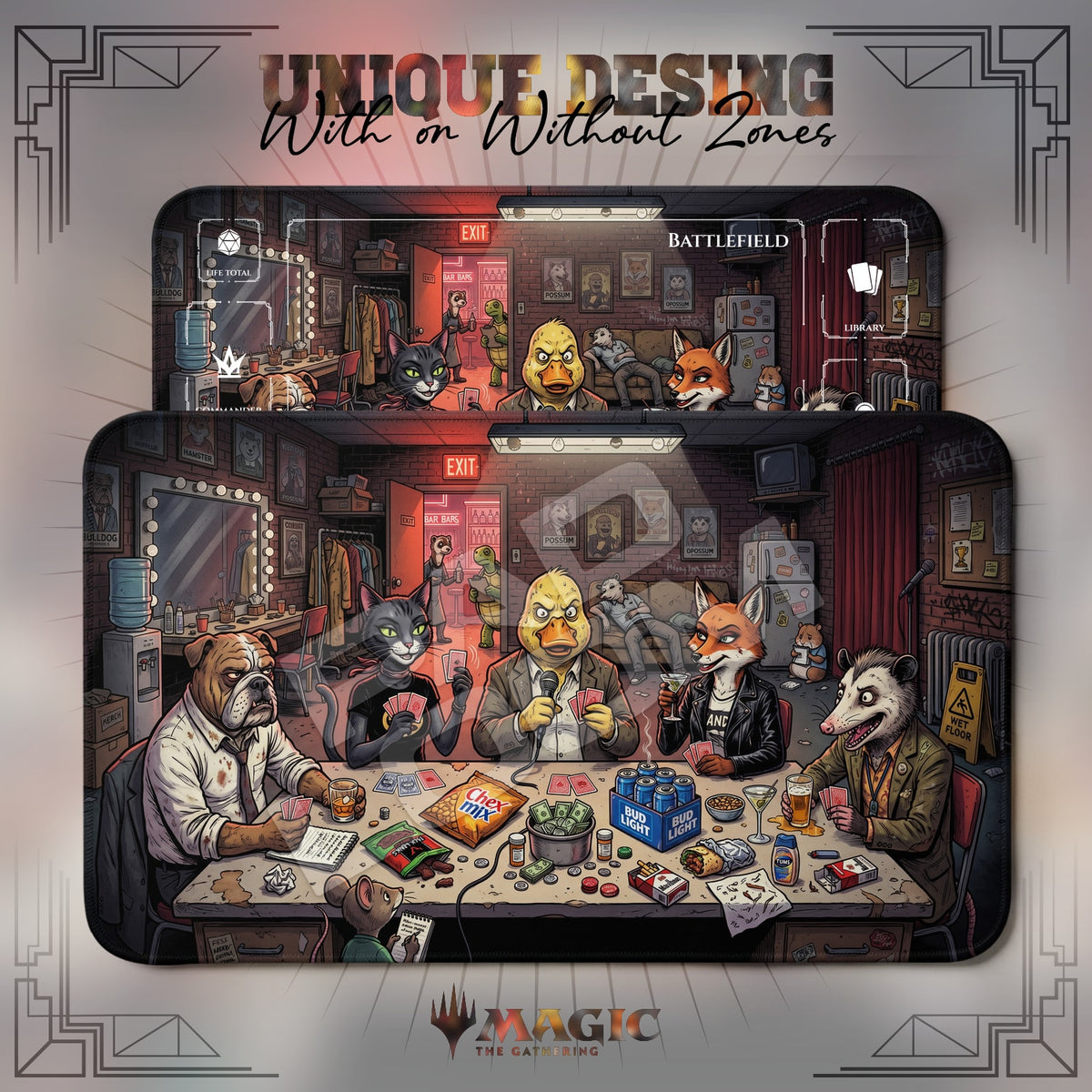 Comedy Duck Poker Backstage MTG playmat shown with zones and without zones
