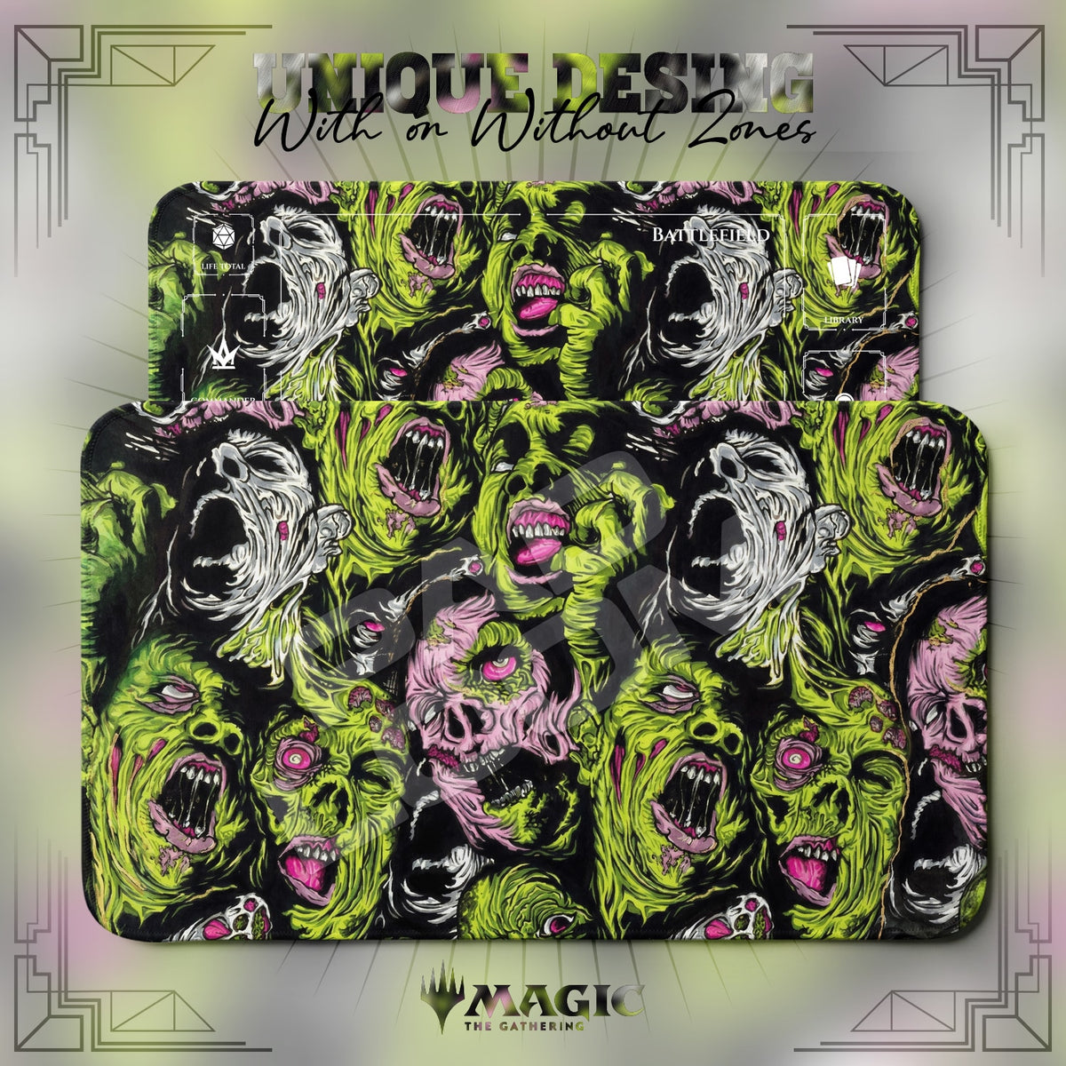 Golgari Zombie MTG playmat shown with zones and without zones