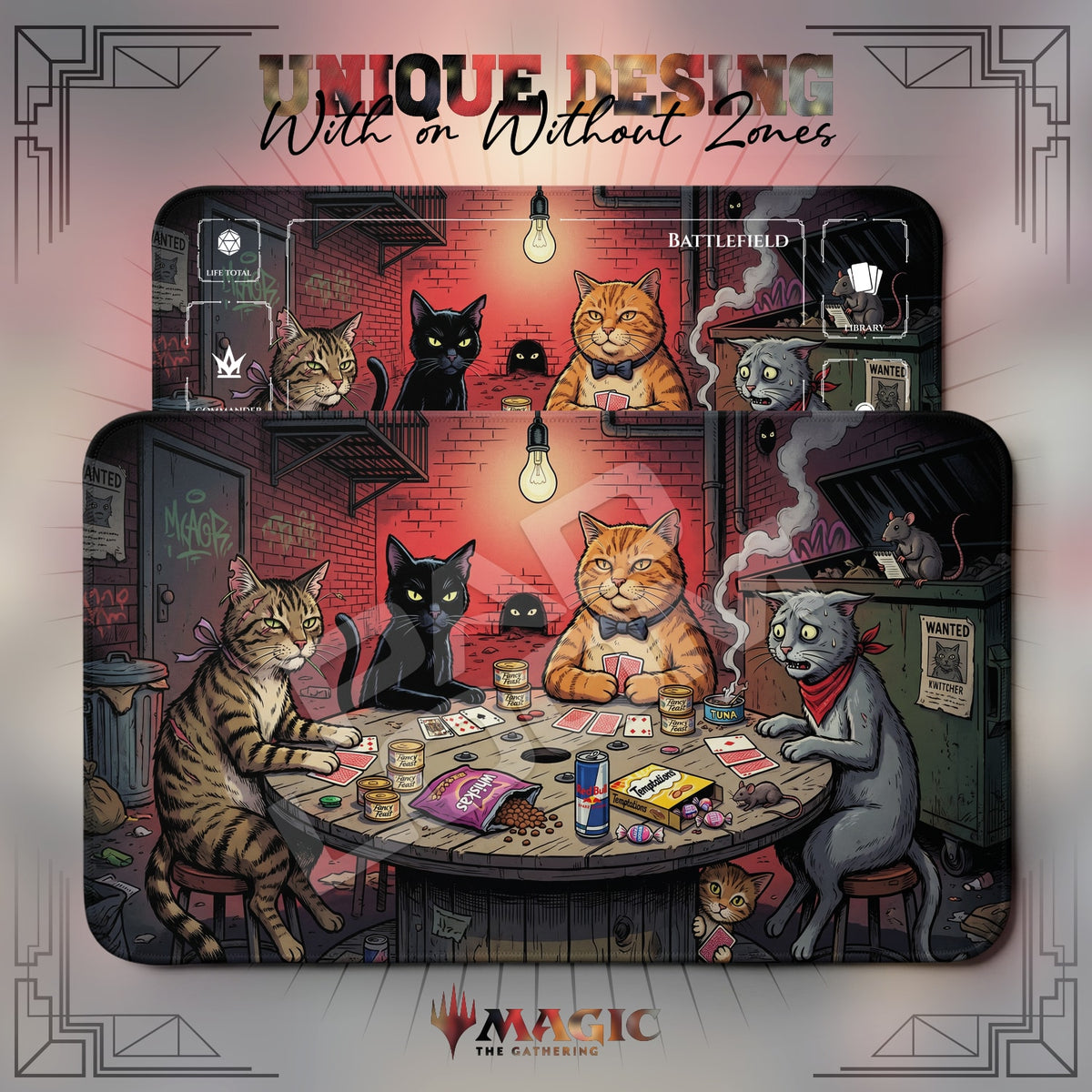 Alley Cat Poker Backstreet MTG playmat shown with zones and without zones
