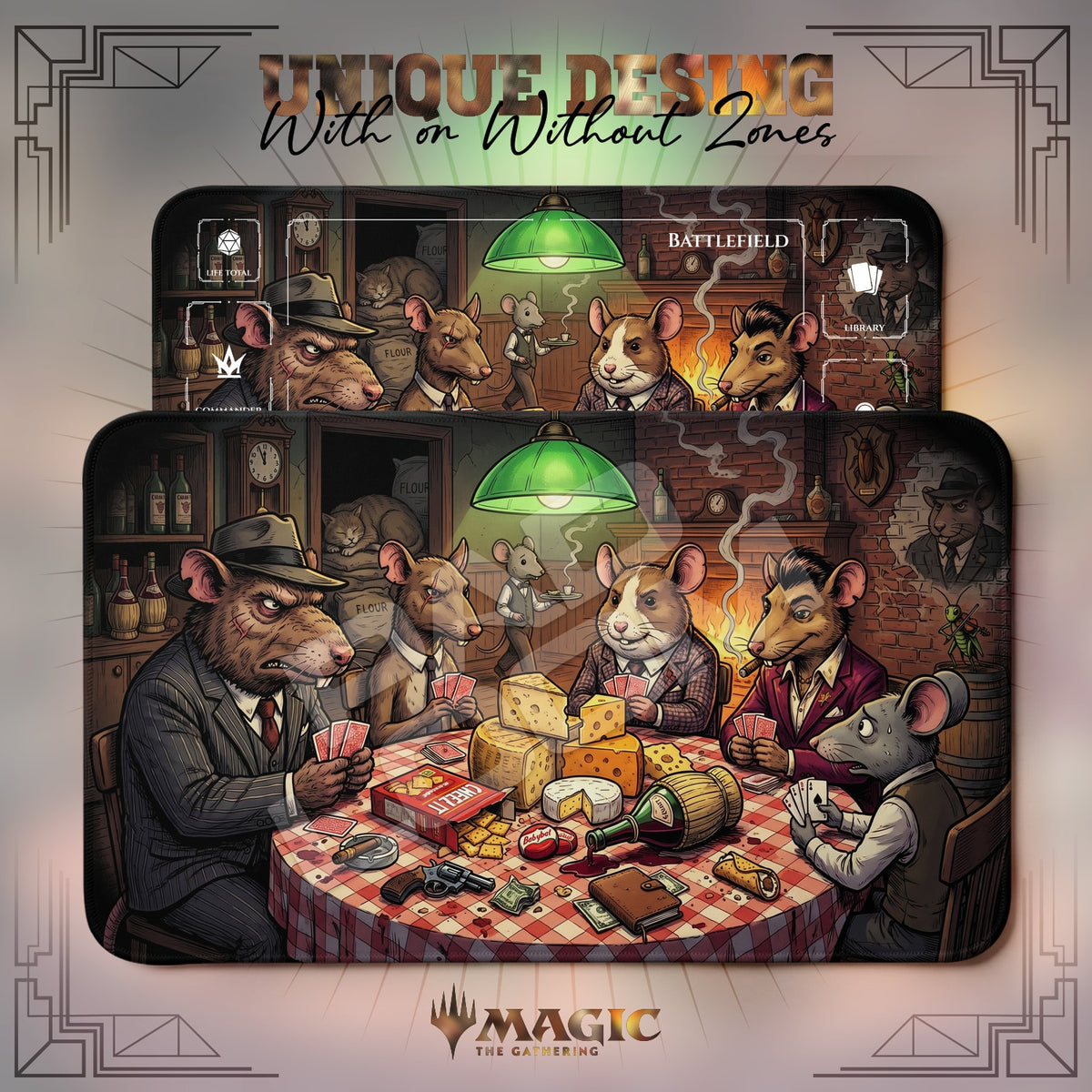 Mafia Rat Poker Trattoria MTG playmat shown with zones and without zones
