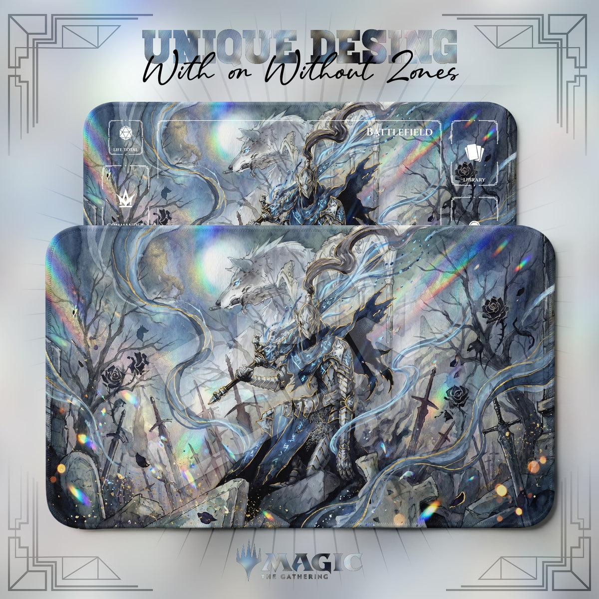 Dark Souls Artorias Sif MTG playmat shown with zones and without zones