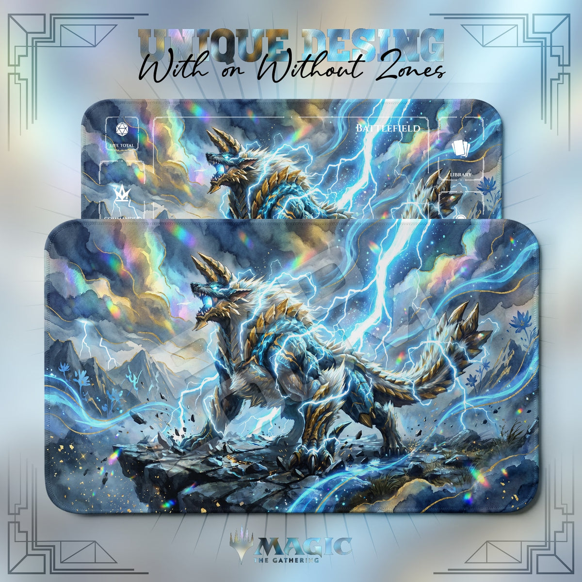 Monster Hunter Zinogre MTG playmat shown with zones and without zones