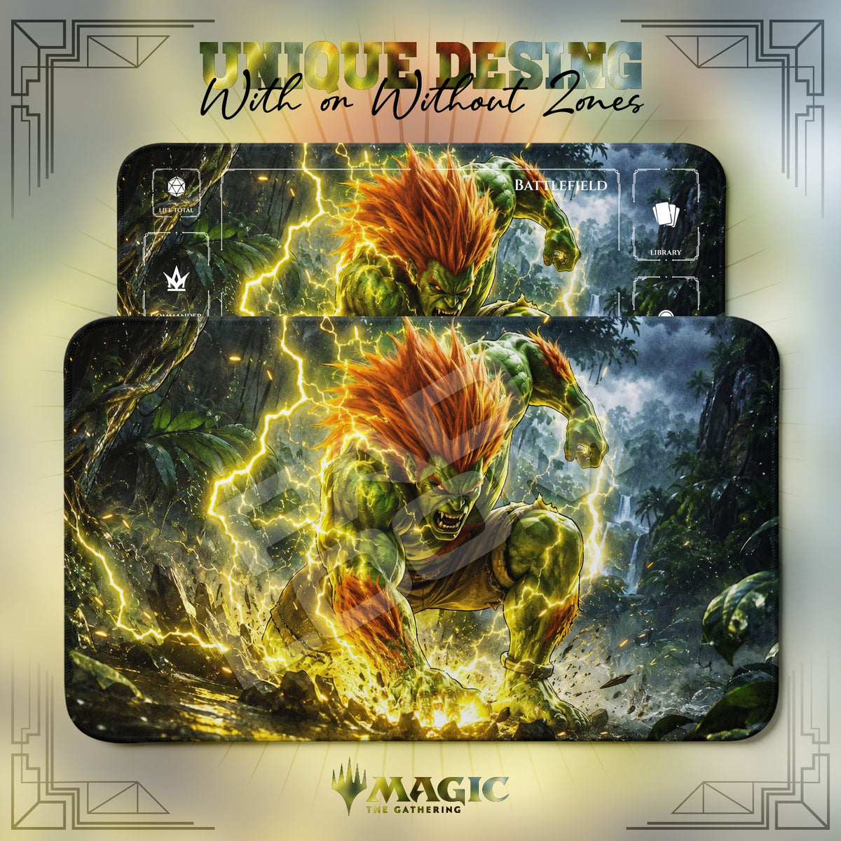 Blanka Electric Street Fighter MTG playmat shown with zones and without zones