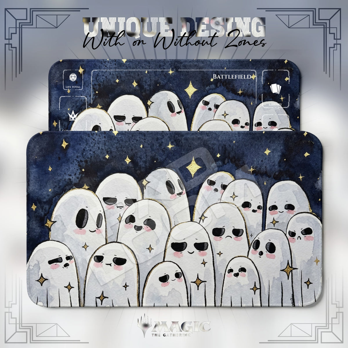 Ghost Gang Starry MTG playmat shown with zones and without zones