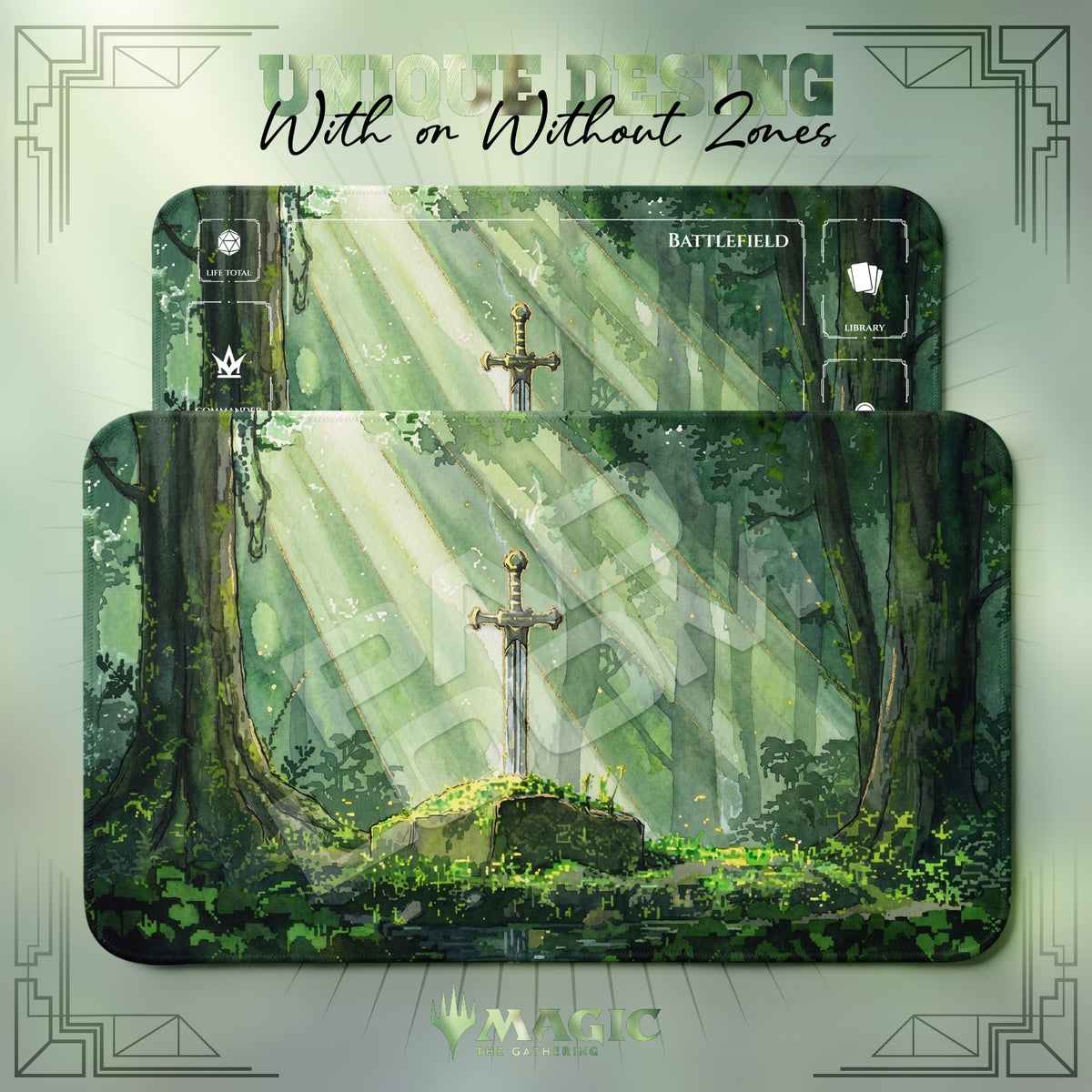 Sword in the Stone Forest MTG playmat shown with zones and without zones