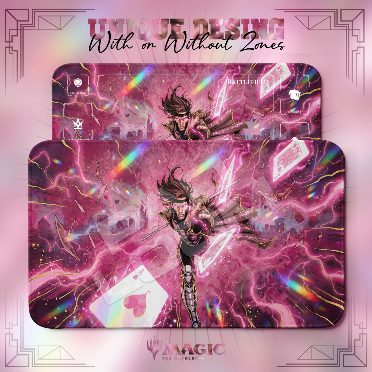 X-Men Gambit MTG playmat shown with zones and without zones
