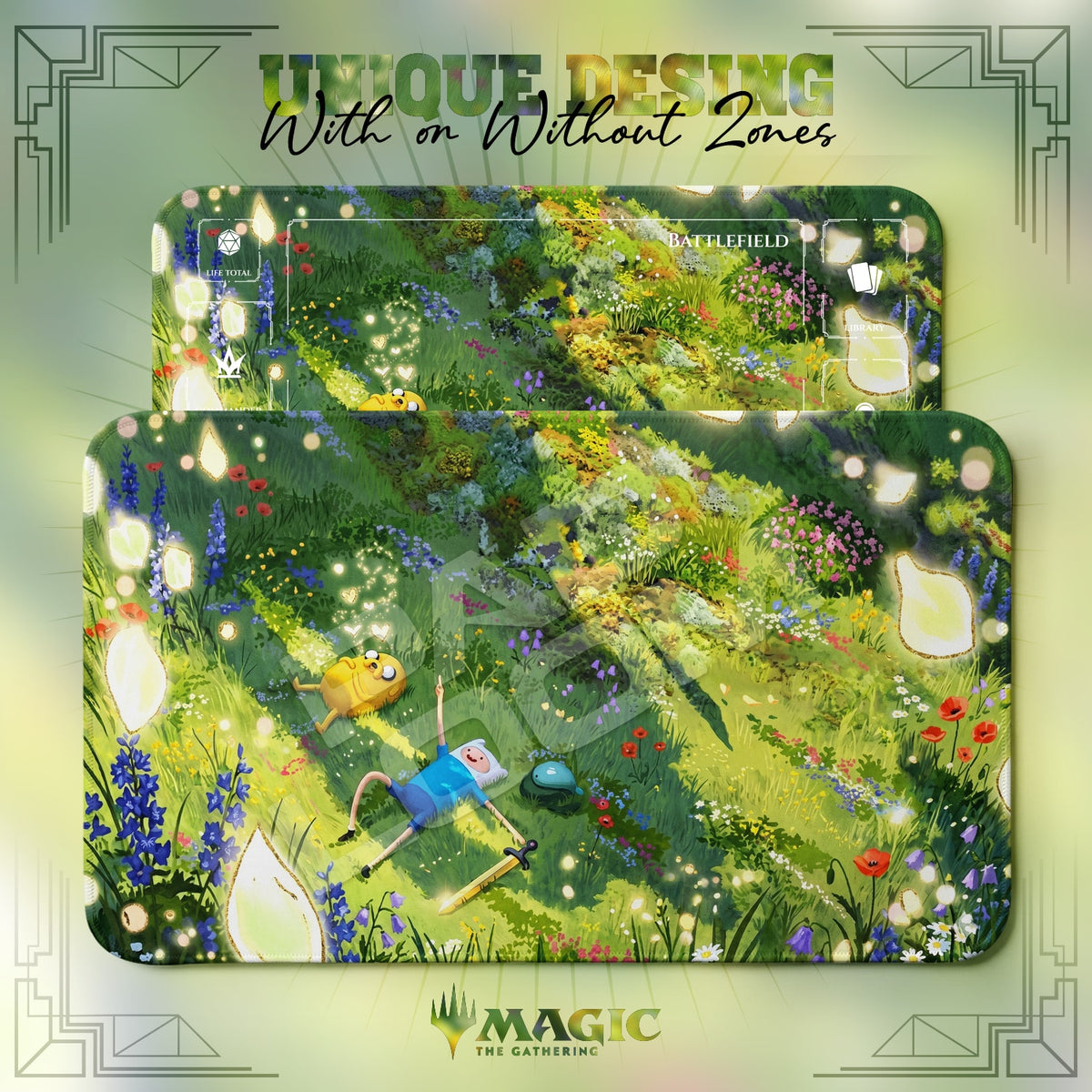 Adventure Time Meadow MTG playmat shown with zones and without zones
