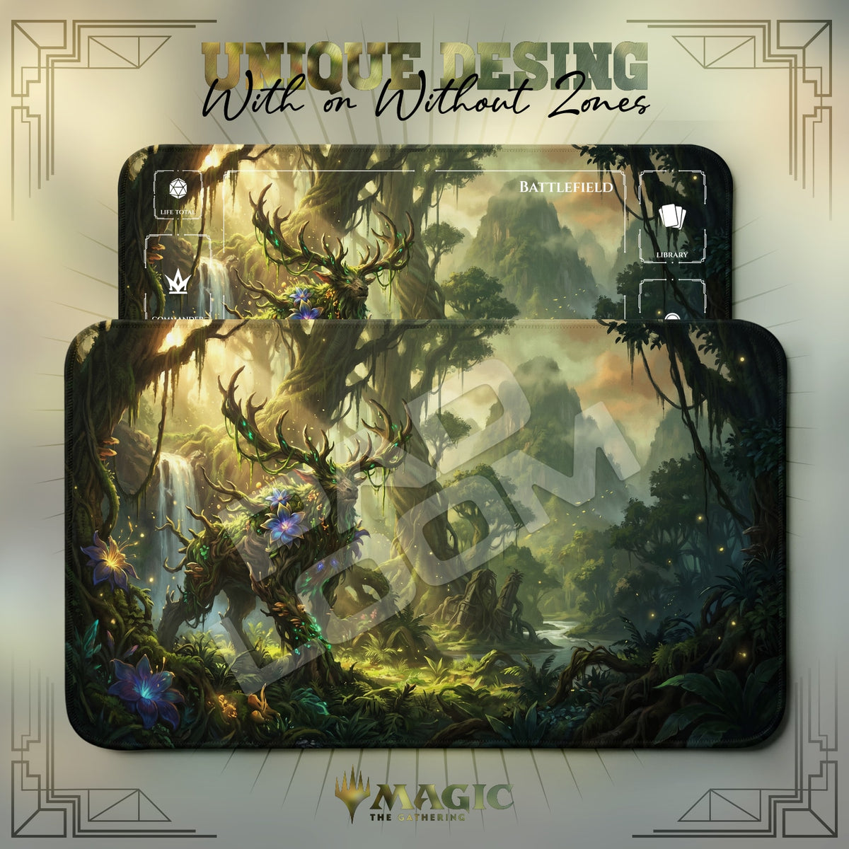 Forest Spirit Stag MTG playmat shown with zones and without zones