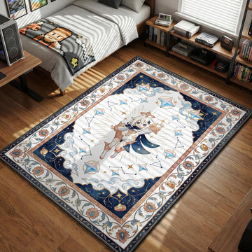 Paimon floating happily amidst stars and constellations celestial art style gaming area rug and floor mat