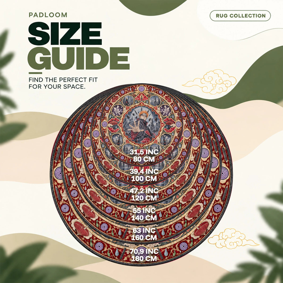 Pain Reaching round rug size guide, 80 to 180 cm (31.5 to 70.9 in)