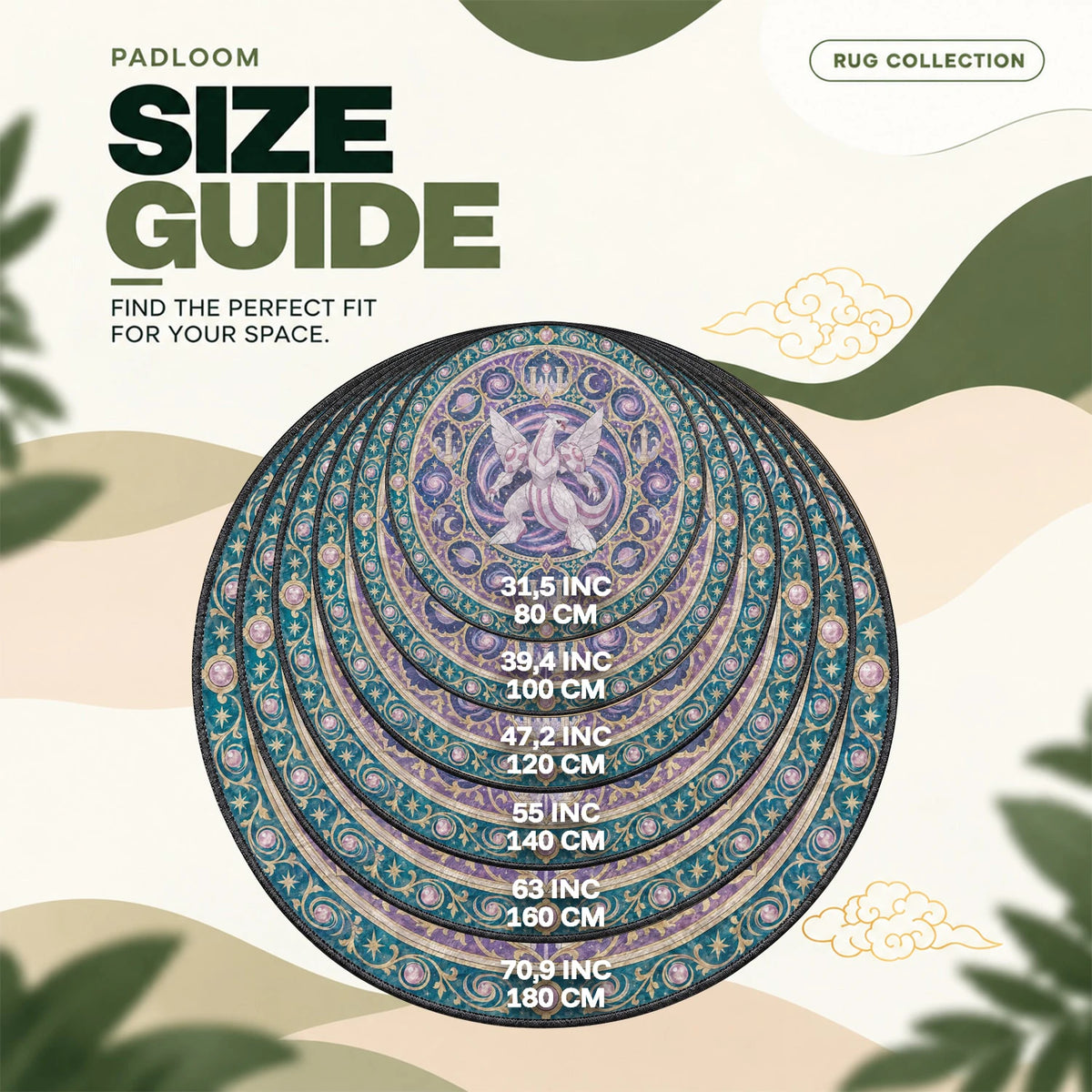 Palkia Galaxy round rug size guide, 80 to 180 cm (31.5 to 70.9 in)