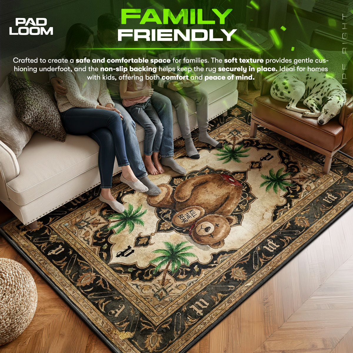 Palm area rug showing full home decor artwork