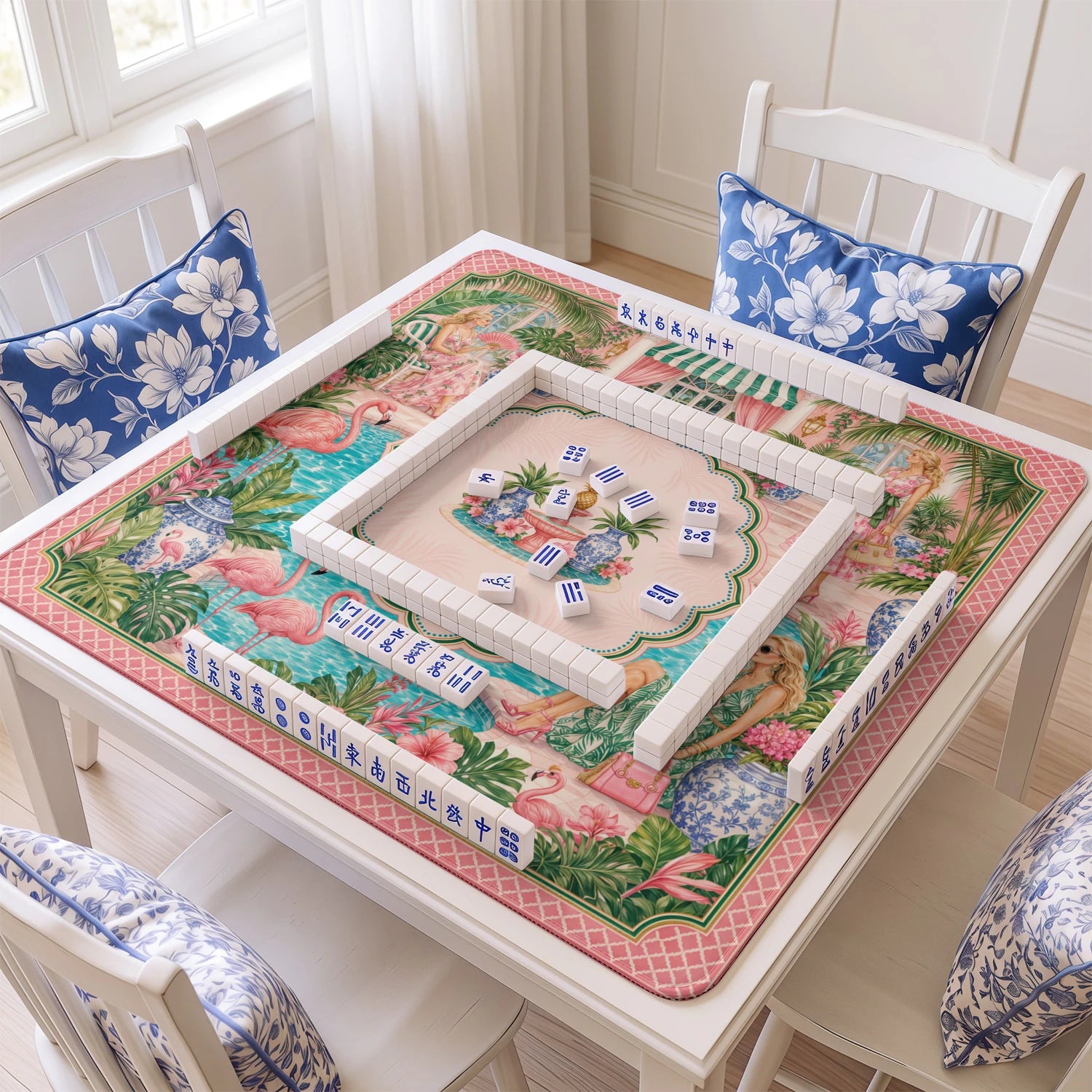 Palm Beach mahjong mat with tiles and racks on the table
