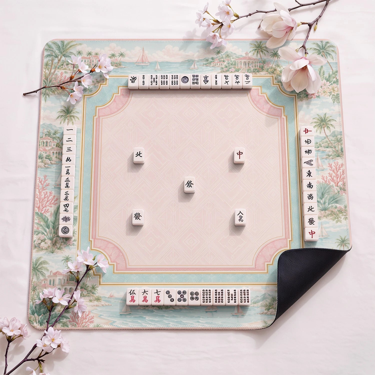 Palm Harbor design close-up on mahjong mat surface