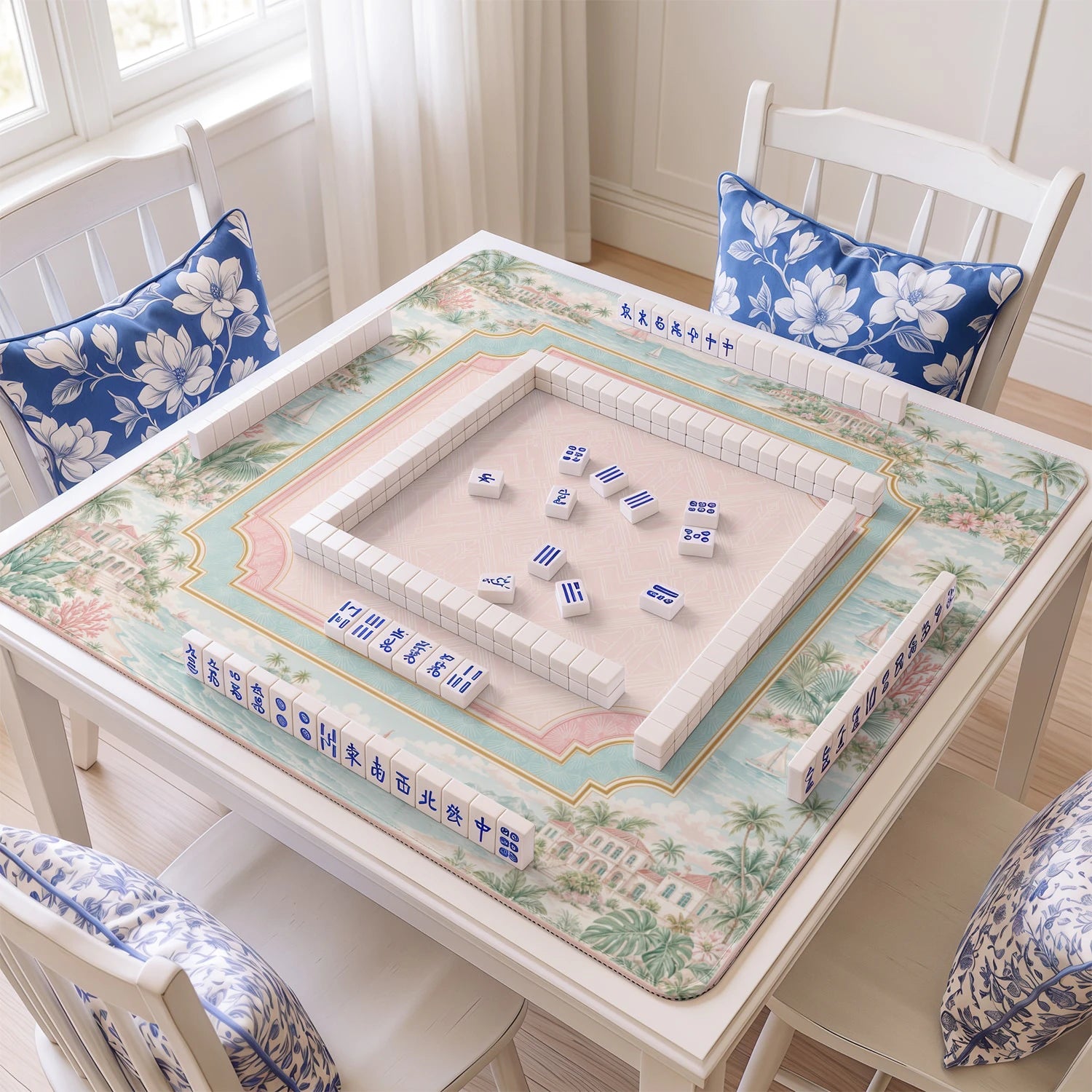 Palm Harbor mahjong mat with tiles and racks on the table