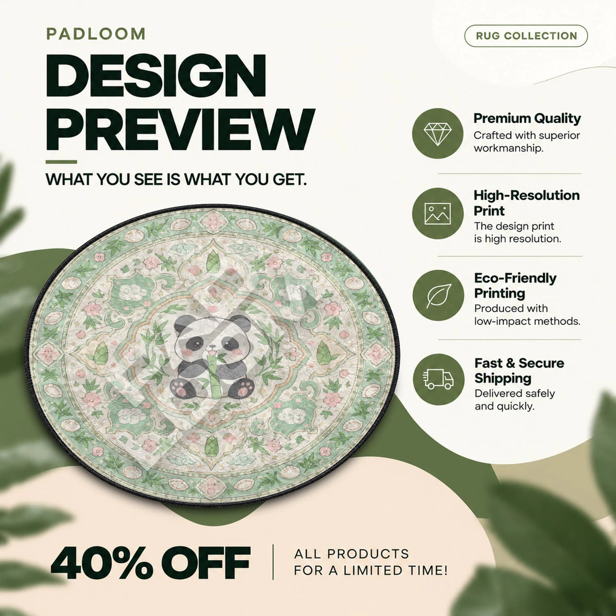 Panda Bamboo kawaii round rug full design preview