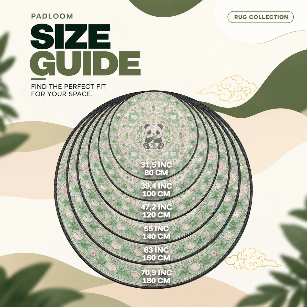 Panda Bamboo round rug size guide, 80 to 180 cm (31.5 to 70.9 in)