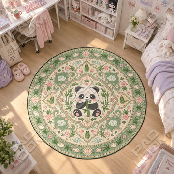 Panda Bamboo kawaii round rug on a bedroom floor - kawaii chair mat