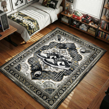 Panda Dunk sneakers with yin yang and bamboo symbols black and white gold hypebeast area rug