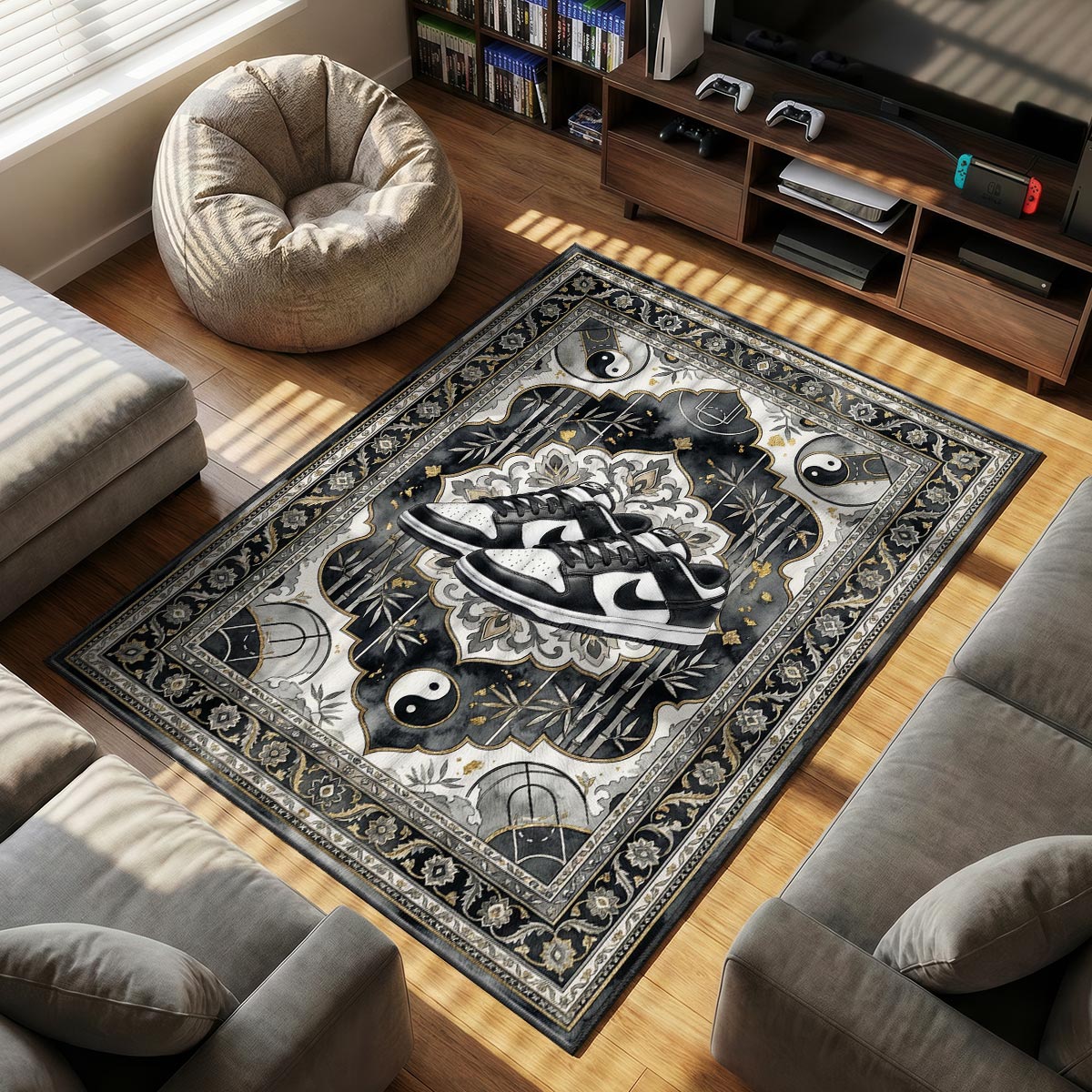 Panda Dunk themed area rug for home decor fans