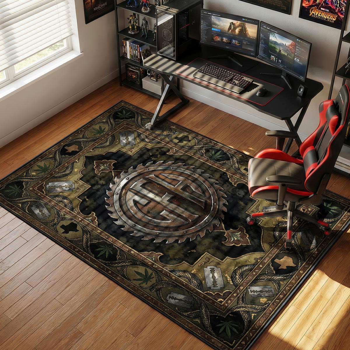 Pantera metal rug placed in a garage den with dark furniture and warm dim lighting