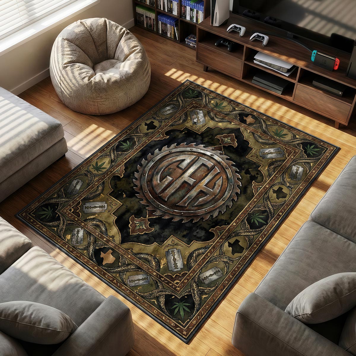 Close-up of Pantera area rug showing corroded steel texture detail and velvet fiber surface