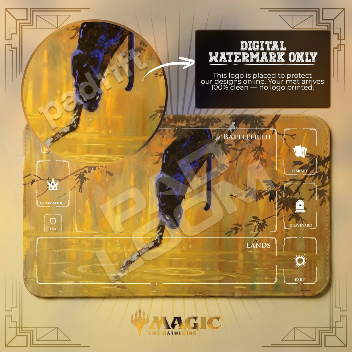 Panther Jungle MTG playmat with zones; the Padloom watermark is digital only, not printed