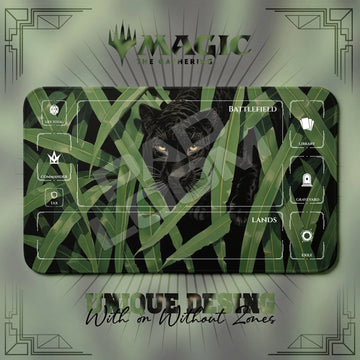 Panther Leaves MTG playmat, green and black art with play zones, 24 x 14 in