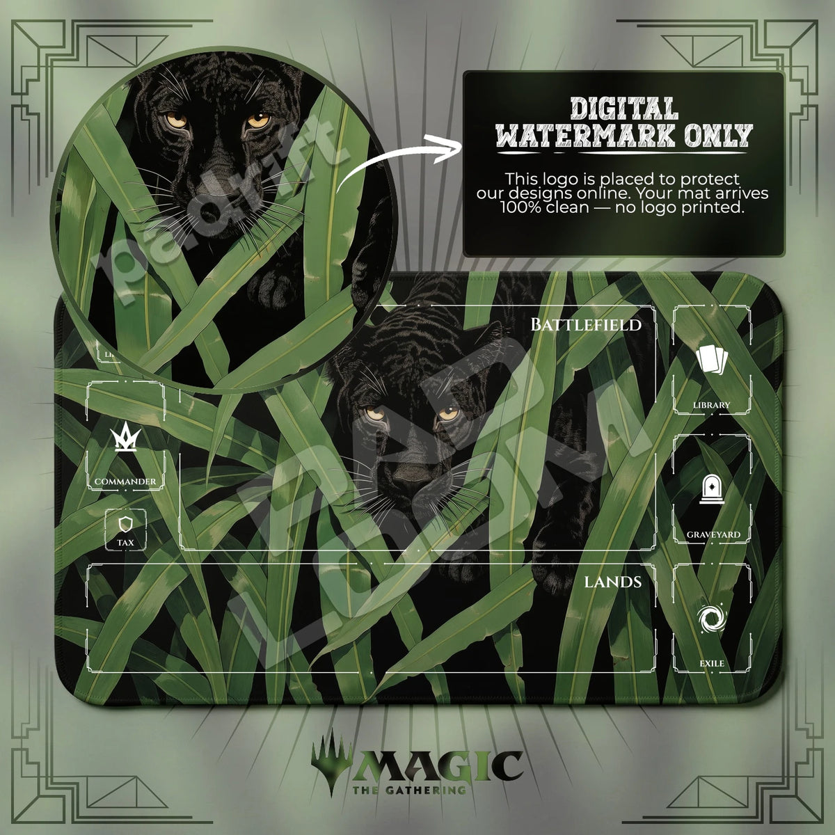 Panther Leaves MTG playmat with zones; the Padloom watermark is digital only, not printed