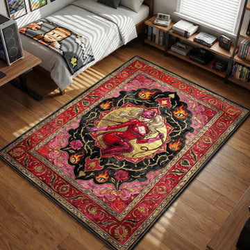 Ann Takamaki Panther in red latex suit holding a whip with roses and fire background tarot style gaming area rug and floor mat