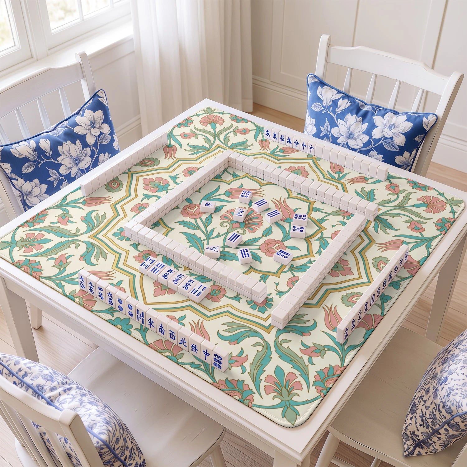 Pastel Iznik Tile mahjong mat with tiles and racks on the table