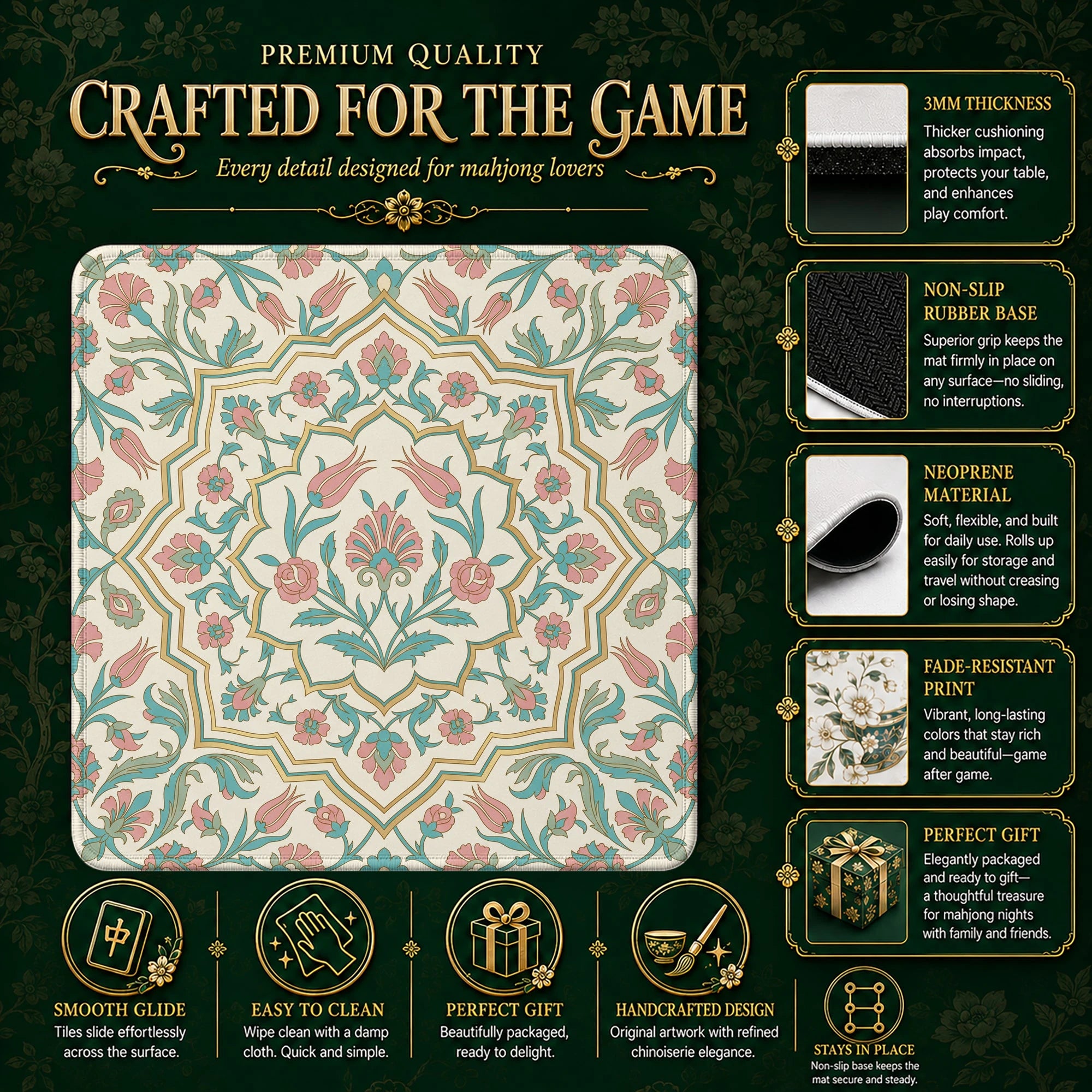 Pastel Iznik Tile Mahjong Mat – neoprene mah jongg table mat