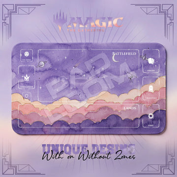Pastel Sky Stargazer MTG playmat, purple and pink art with play zones, 24 x 14 in
