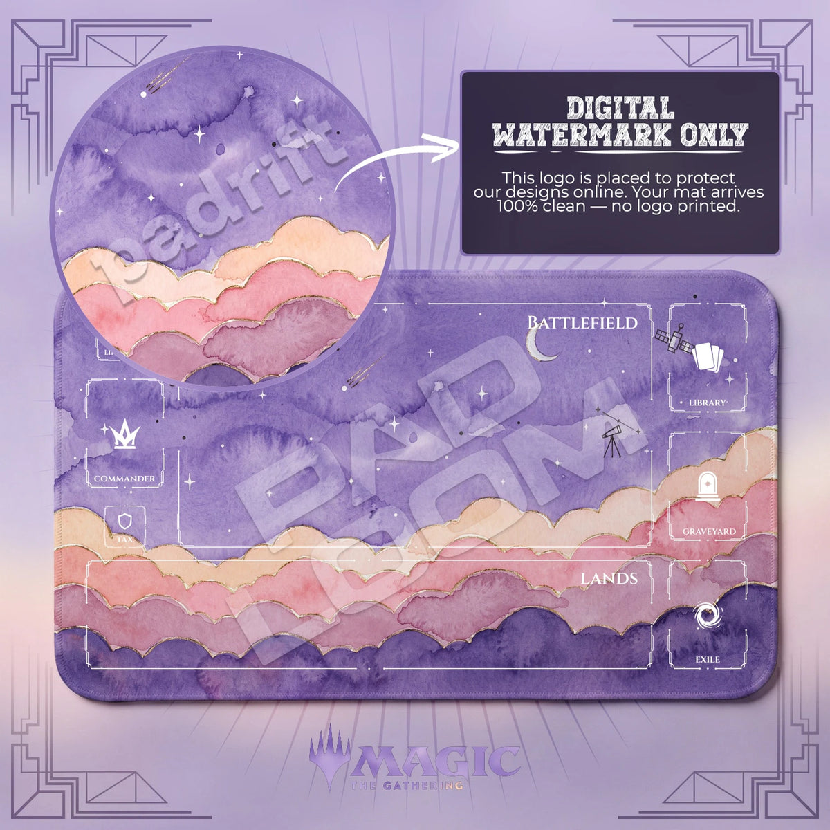 Pastel Sky Stargazer MTG playmat with zones; the Padloom watermark is digital only, not printed