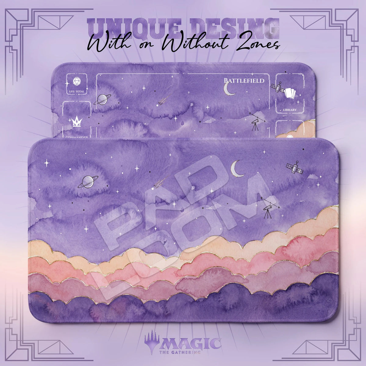 Pastel Sky Stargazer MTG playmat shown with zones and without zones