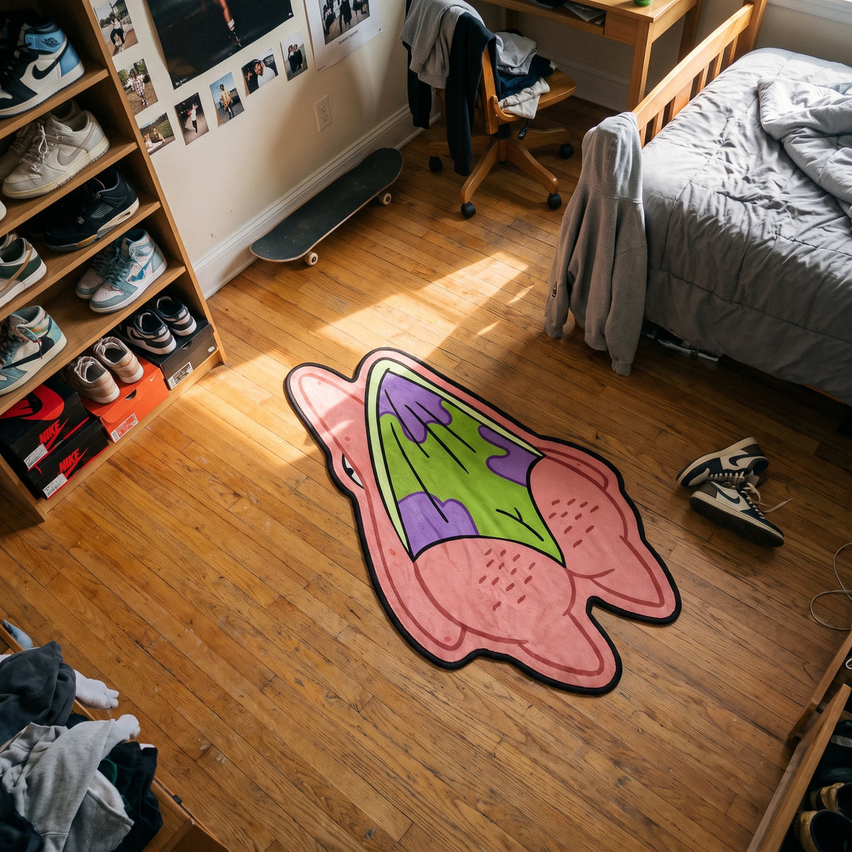 Overhead view of the Patrick Star shaped rug in a dorm room
